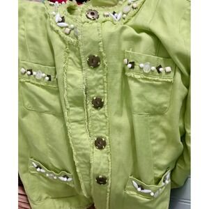 Ruby Rd Petite 3 Piece Skirt Set Lime Green Linen Jacket Beaded Top Floral Skirt